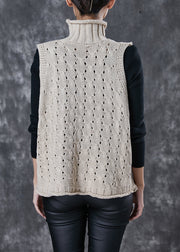 Unique Khaki Turtle Neck Hollow Out Knit Vests Spring