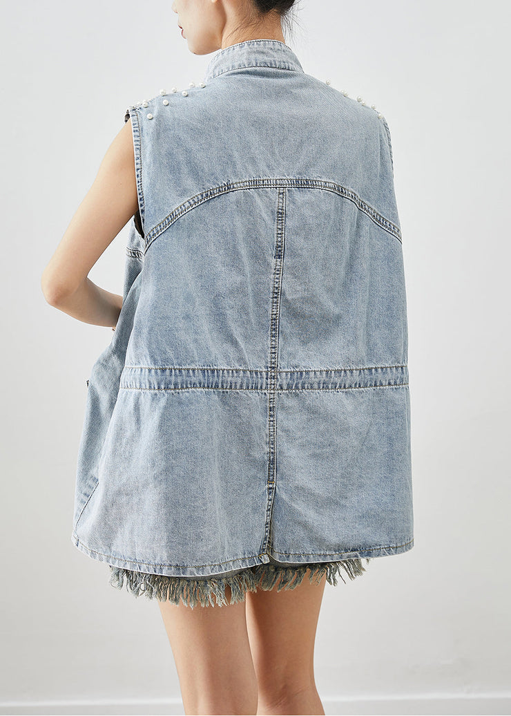 Unique Light Blue Oversized Pearl Pockets Denim Vest Fall