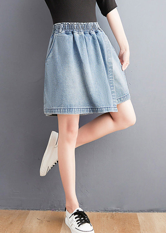 Unique Light Blue Patchwork Elastic Waist Denim Shorts Summer