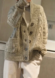 Unique Light Camel Button Pockets Patchwork Wool Knit Coats Fall