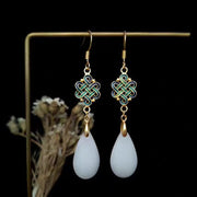 Unique Light Green Antique Gold Jade Enamel Water Drop Drop Earrings