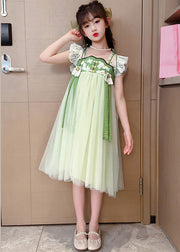 Unique Light Green Embroideried Tassel Patchwork Tulle Long Dress Short Sleeve