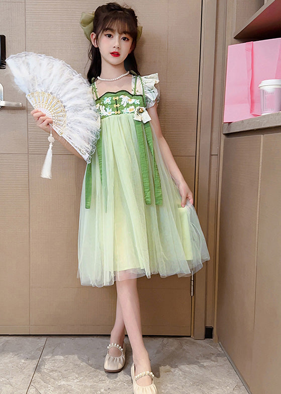 Unique Light Green Embroideried Tassel Patchwork Tulle Long Dress Short Sleeve