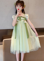 Unique Light Green Embroideried Tassel Patchwork Tulle Long Dress Short Sleeve