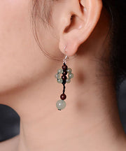 Unique Light Green Fine Jade Rosewood Beads Drop Earrings