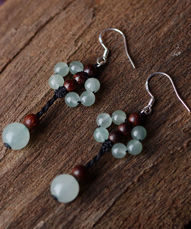 Unique Light Green Fine Jade Rosewood Beads Drop Earrings