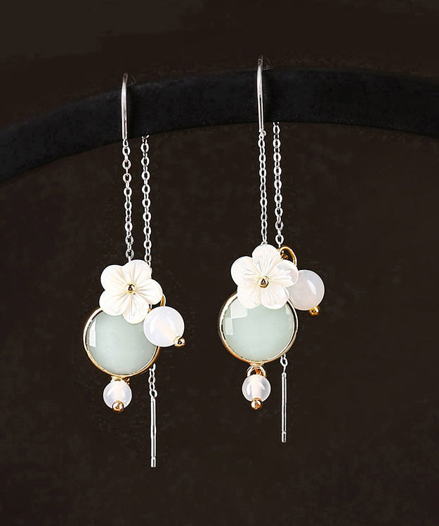 Unique Light Green Sterling Silver White Coloured Glaze Agate Shell Flower Drop Earrings