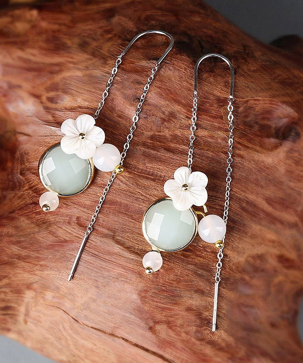 Unique Light Green Sterling Silver White Coloured Glaze Agate Shell Flower Drop Earrings