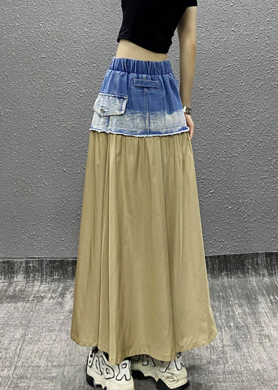 Unique Light Yellow Denim Patchwork Elastic Waist Pockets Skirt Summer