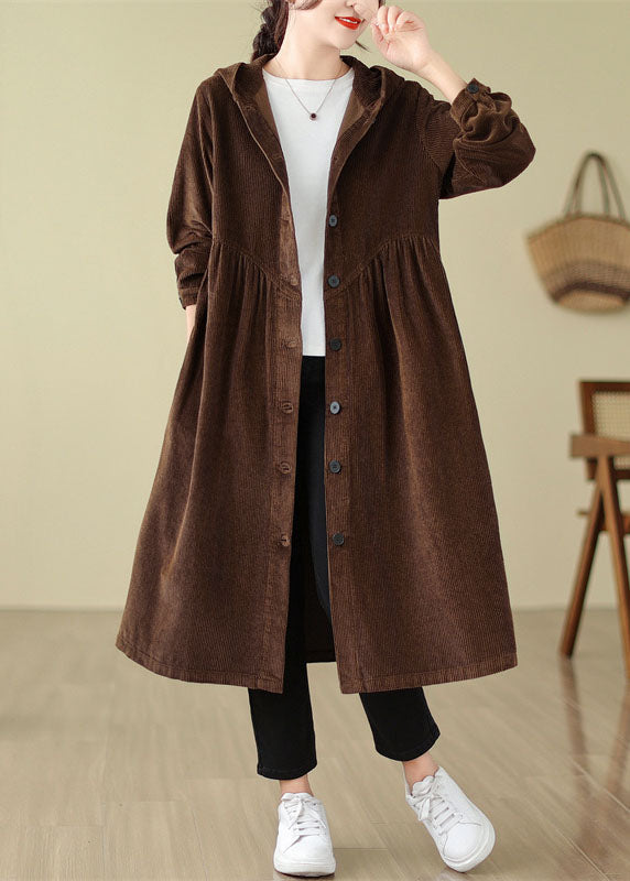 Unique Mulberry Patchwork Wrinkled Button Corduroy Hooded Trench Coats Fall