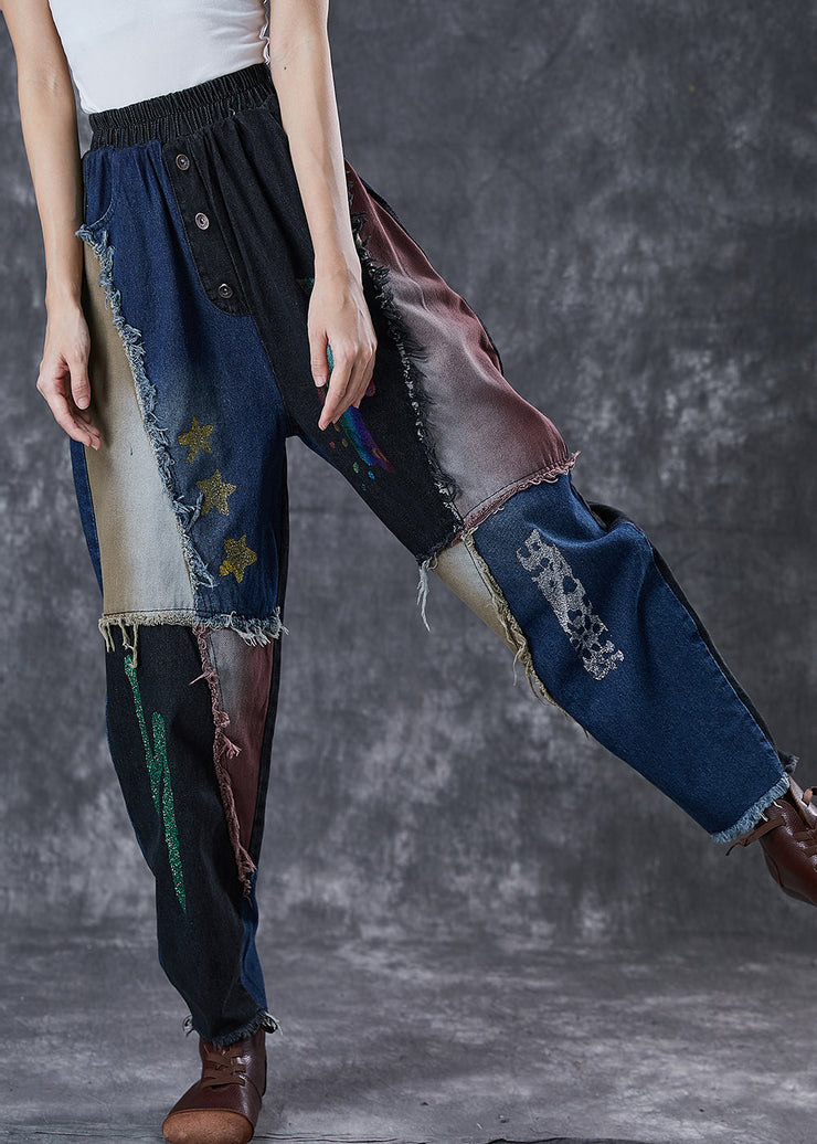 Unique Navy Asymmetrical Patchwork Cotton Harem Pants Fall