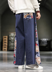 Unique Navy Embroideried Patchwork Cotton Men Wide Leg Pants Summer