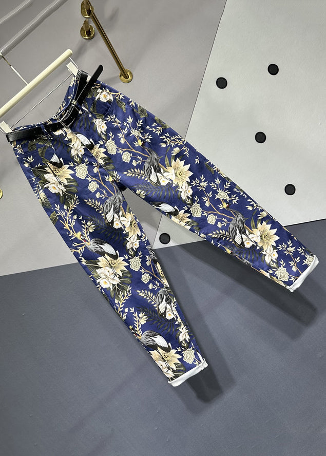 Unique Navy Print Pockets Patchwork Denim Pants Fall