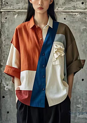 Unique Orange Asymmetrical Button Cotton Blouses Half Sleeve