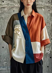 Unique Orange Asymmetrical Button Cotton Blouses Half Sleeve