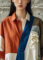 Unique Orange Asymmetrical Button Cotton Blouses Half Sleeve