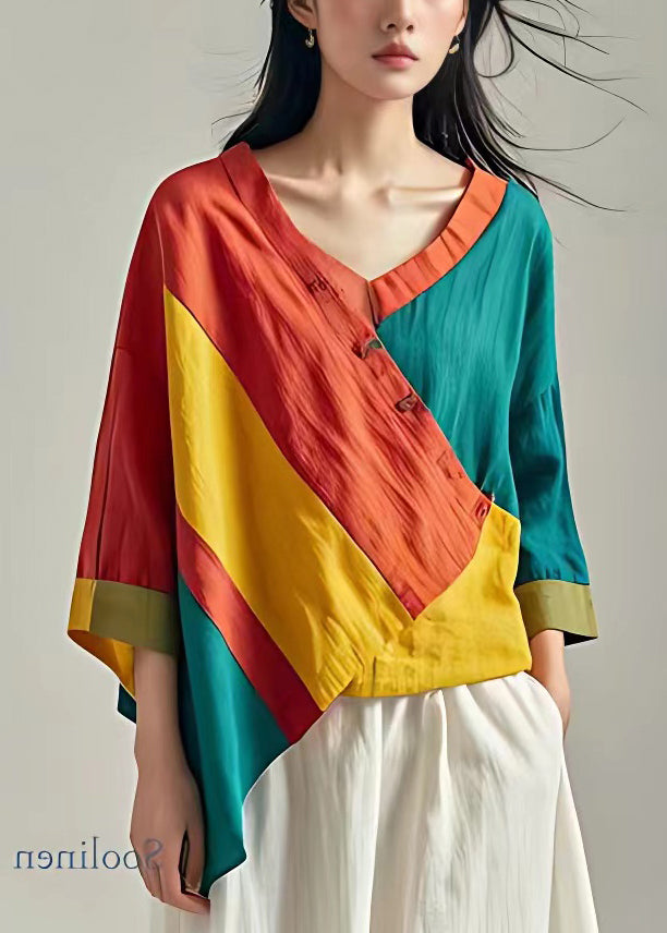 Unique Orange Asymmetrical Patchwork Linen Shirt Fall