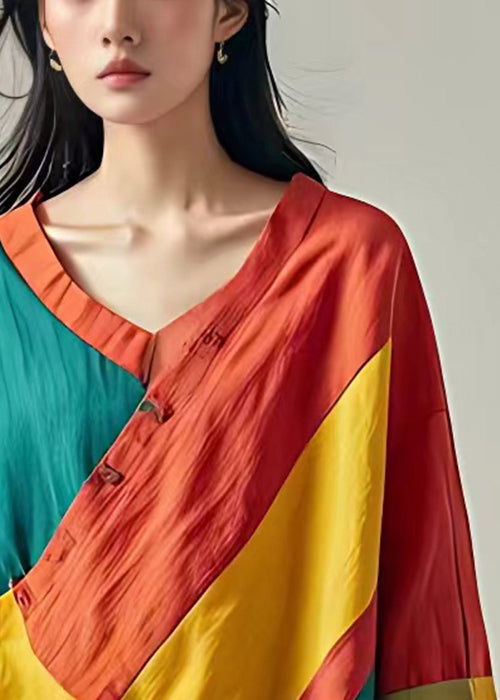 Unique Orange Asymmetrical Patchwork Linen Shirt Fall