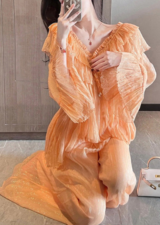 Unique Orange Ruffled Patchwork Chiffon Two Pieces Set Summer