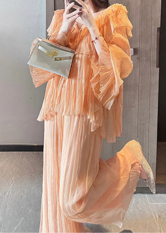 Unique Orange Ruffled Patchwork Chiffon Two Pieces Set Summer