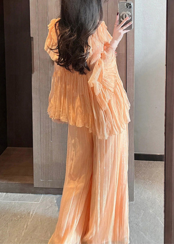 Unique Orange Ruffled Patchwork Chiffon Two Pieces Set Summer