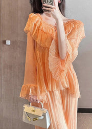 Unique Orange Ruffled Patchwork Chiffon Two Pieces Set Summer