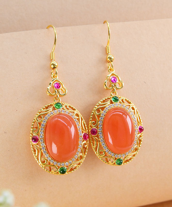 Unique Orange Sterling Silver Gem Stone Agate Zircon Drop Earrings