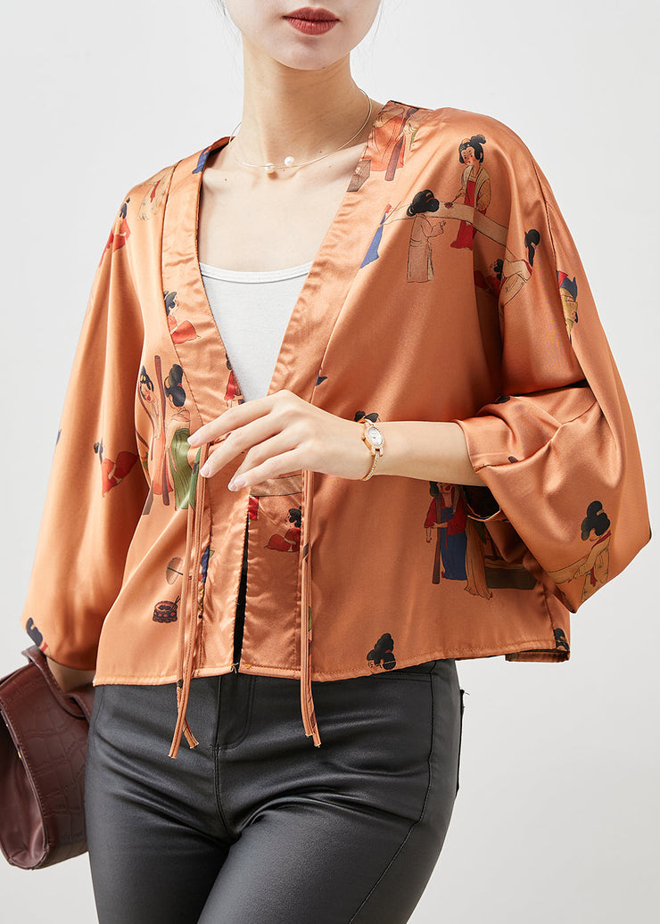 Unique Orange Tasseled Print Silk Cardigans Spring