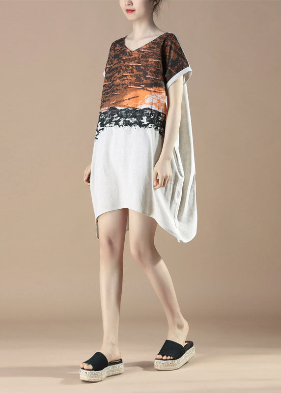 Unique Orange V Neck Print Patchwork Cotton Dress Summer