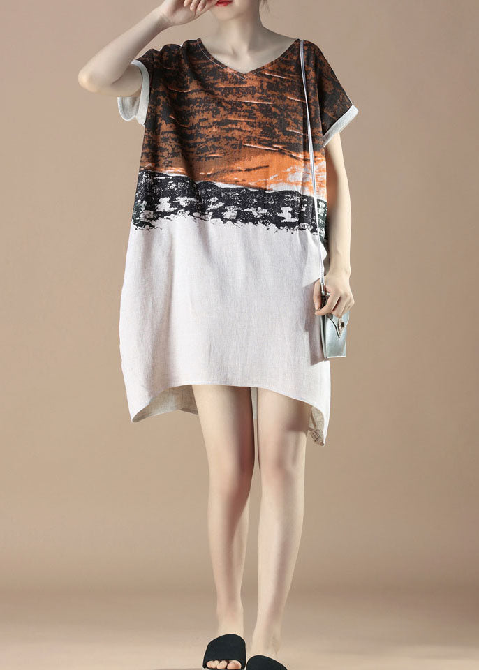 Unique Orange V Neck Print Patchwork Cotton Dress Summer