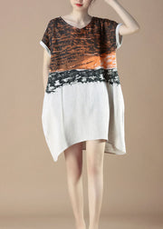 Unique Orange V Neck Print Patchwork Cotton Dress Summer