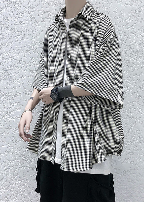 Unique Peter Pan Collar Plaid Button Cotton Mens Shirts Summer