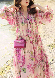 Unique Pink Bow Lace Patchwork Print Silk Dress Summer