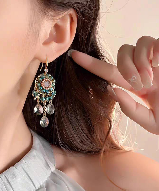 Unique Pink Copper Alloy Crystal Tassel Drop Earrings