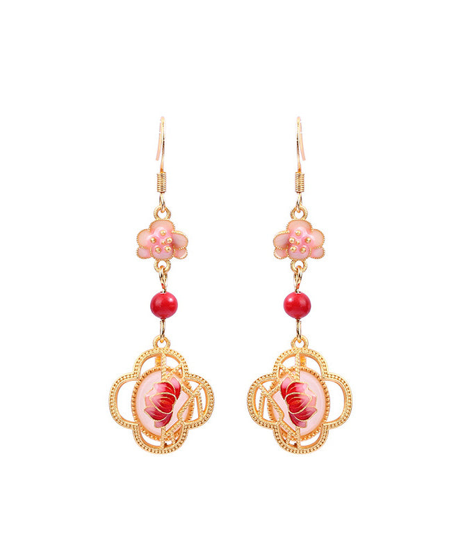 Unique Pink Copper Overgild Jade Enamel Lotus Floral Drop Earrings