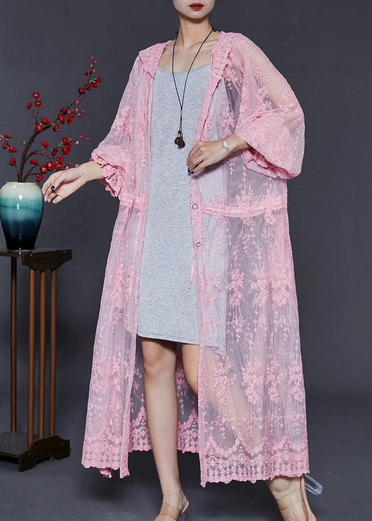 Unique Pink Embroidered Lace Hooded Cardigan Summer