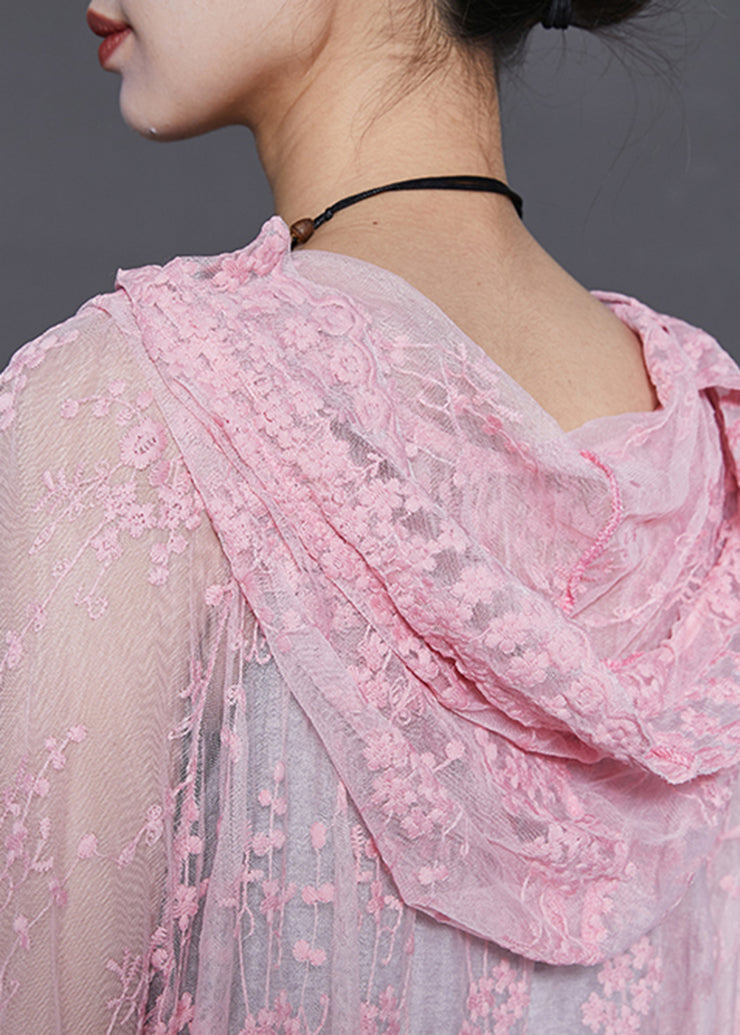 Unique Pink Embroidered Lace Hooded Cardigan Summer