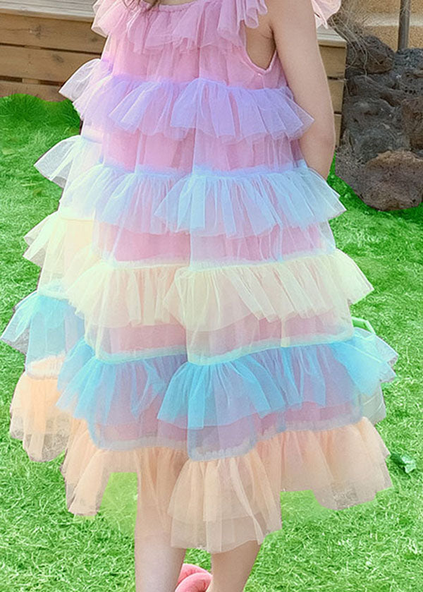 Unique Pink Ruffled Layered Patchwork Tulle Baby Girls Dress Sleeveless