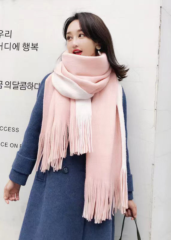 Unique Pink White Tasseled Warm Faux Cashmere Scarf