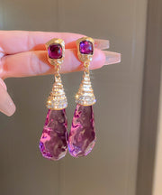 Unique Purple Alloy Zircon Resin Drip Drop Earrings