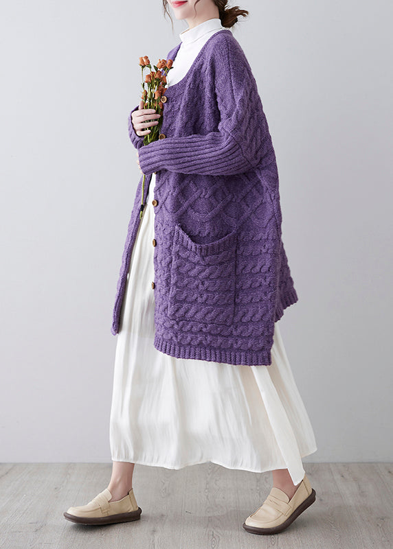 Unique Purple O-Neck Pockets Cozy Knit Cardigan Spring