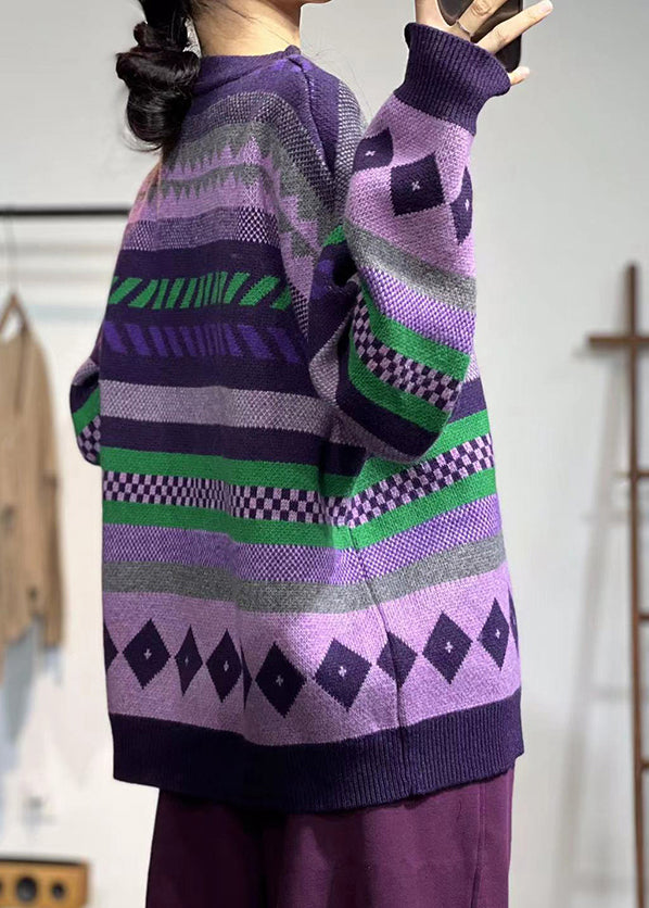 Unique Purple O Neck Print Cozy Thick Knit Sweaters Winter