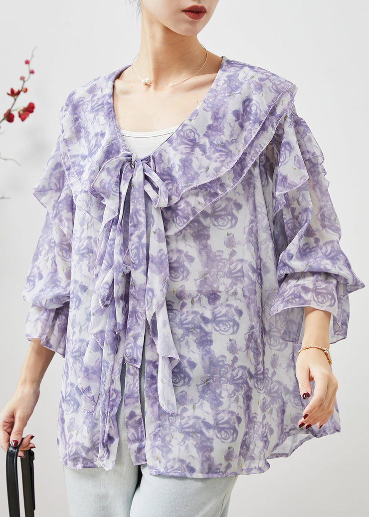 Unique Purple Rose Floral Ruffles Chiffon Shirt Top Spring