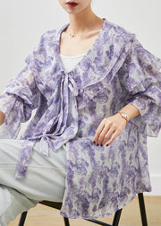 Unique Purple Rose Floral Ruffles Chiffon Shirt Top Spring