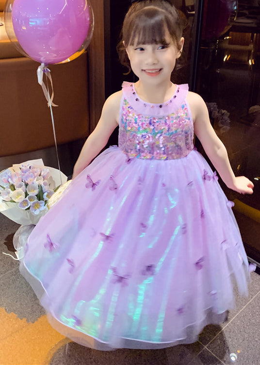 Unique Purple Sequins Butterfly Tulle Kids Girls Robe Dresses Summer