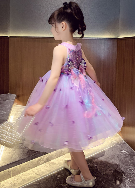 Unique Purple Sequins Butterfly Tulle Kids Girls Robe Dresses Summer