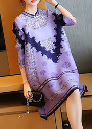 Unique Purple Stand Collar Print Party Dress Half Sleeve