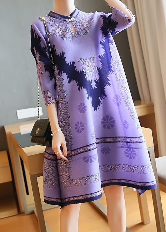 Unique Purple Stand Collar Print Party Dress Half Sleeve