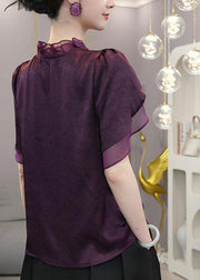 Unique Purple V Neck Ruffled Shirts Short Sleeve