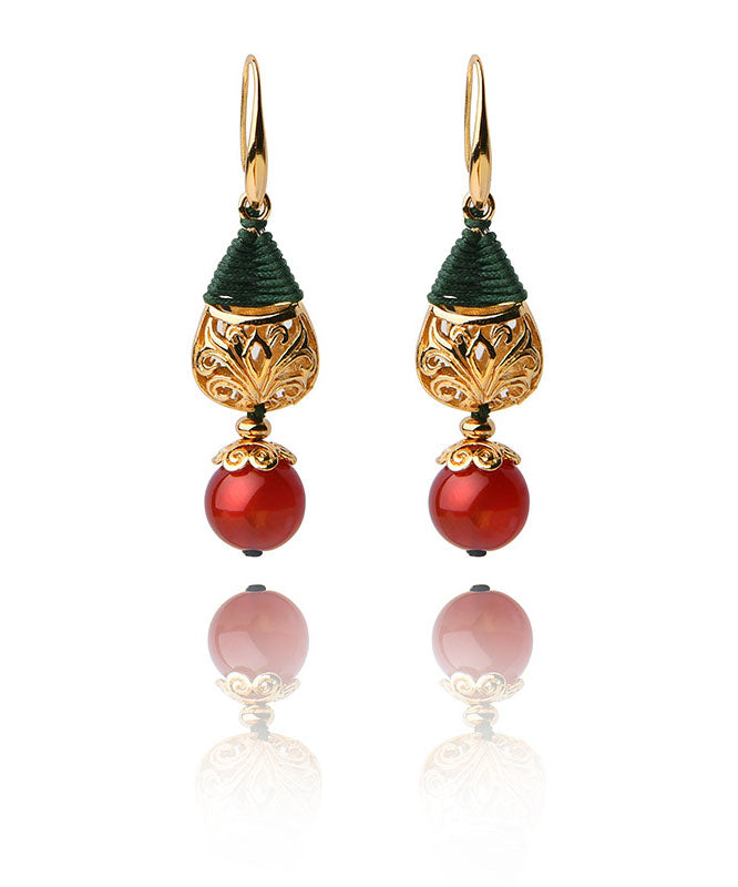 Unique Red Agate Droplet Shape 14K Gold Drop Earrings